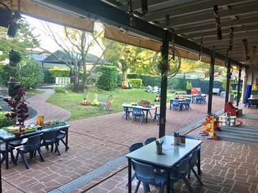 Tables with different toys and activites in the children's outdoor area